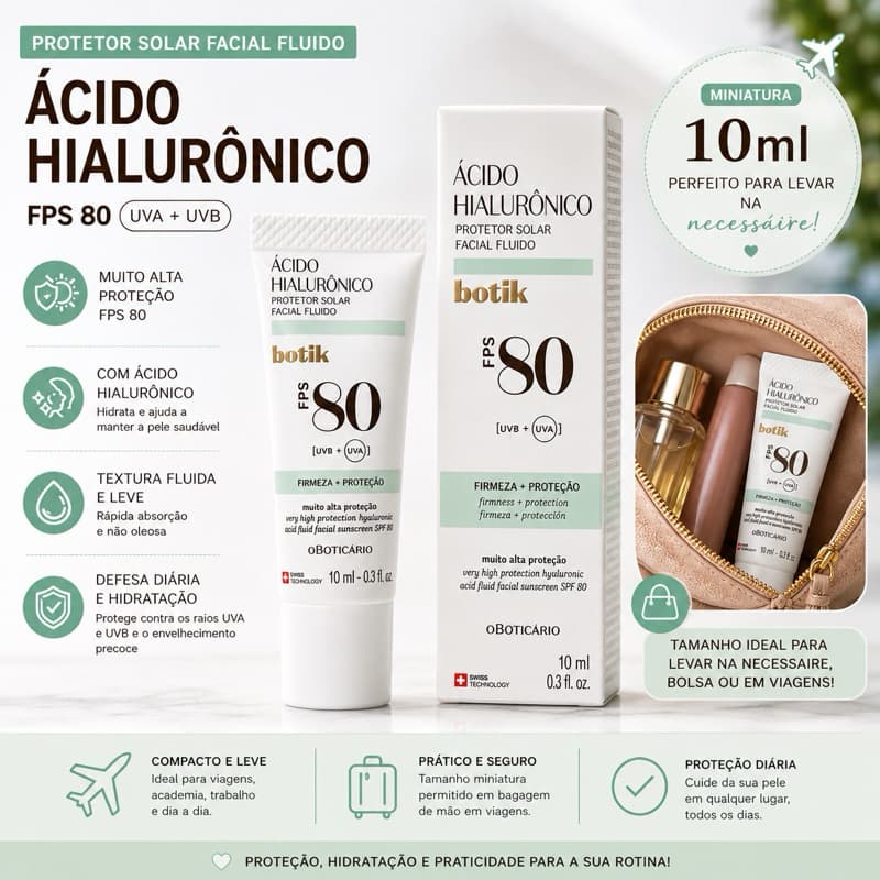 MINIATURA PROTETOR SOLAR FACIAL FPS 80 10ML ÁCIDO HIALURÔNICO UVA UVB HIDRATANTE PARA ROSTO | TAMANHO VIAGEM ORIGINAL