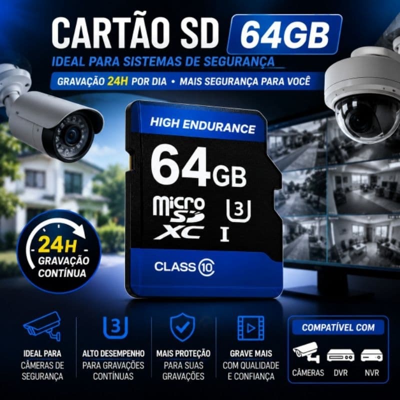 Cartão de Memória SD 64GB U3 Alta Velocidade para Câmera de Segurança 24H, CFTV, GoPro e Filmadoras