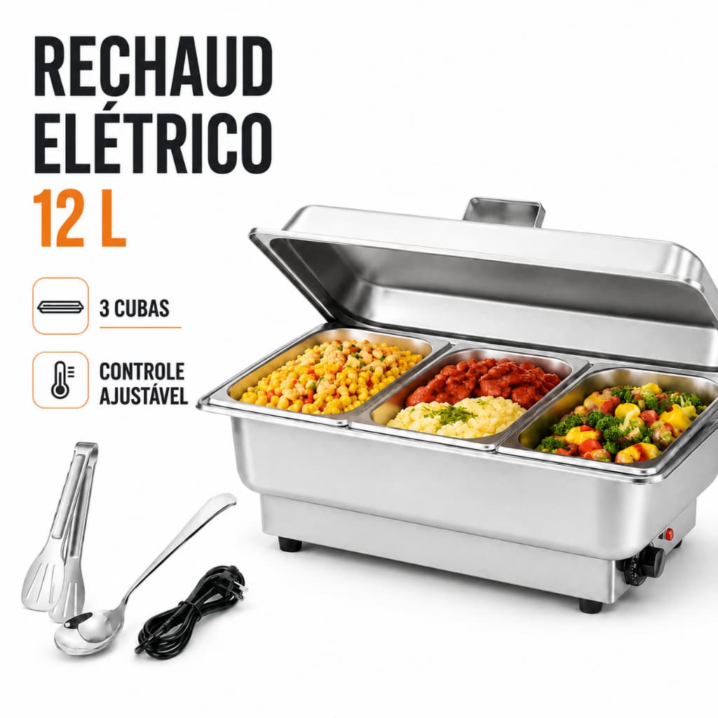 Rechaud Elétrico Inox 12 Litros Profissional Banho Maria 110V com 3 Cubas para Buffet e Restaurantes
