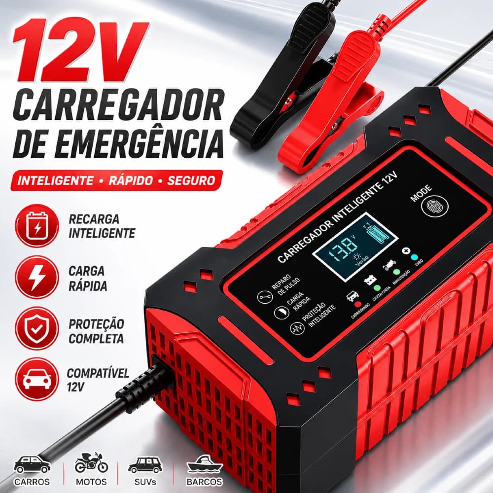 Carregador de bateria 12V automotivo inteligente com Display Digital Automático Energia Reparação Puls