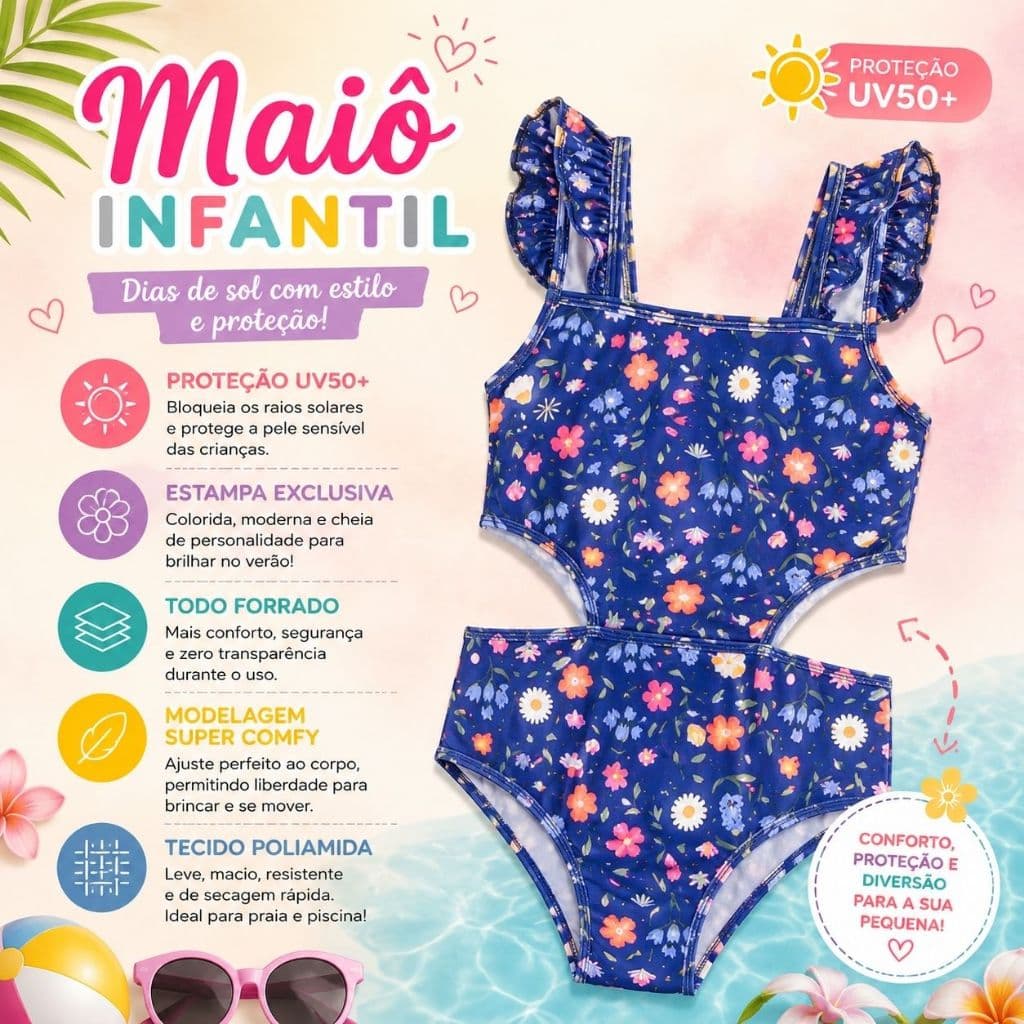 Maiô Infantil Proteção UV50+ Menina I Todo Forrado I Confortável e Seguro I Modelagem impecável