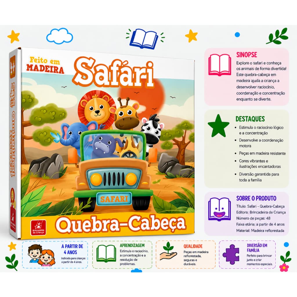 Quebra-cabeça Safari Madeira Gigante 48 Peças 4+ Anos
