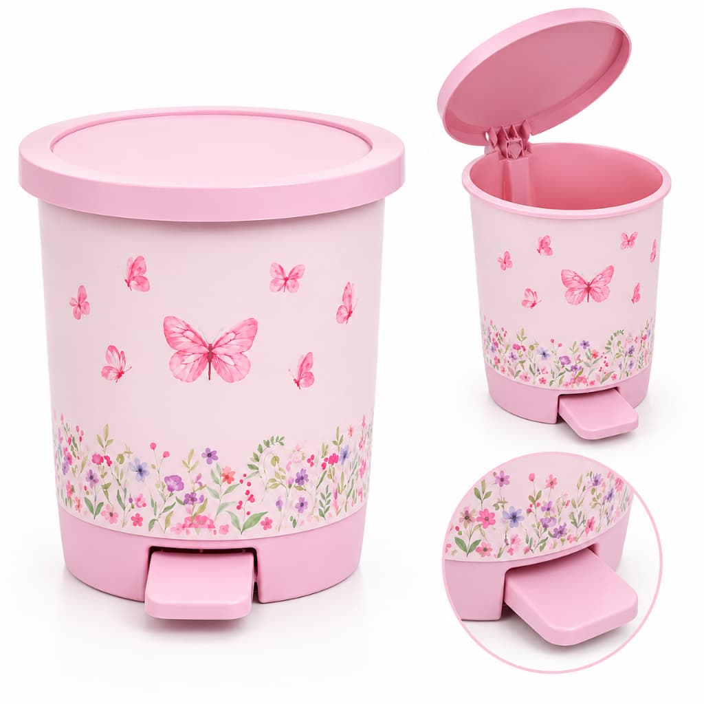 Lixeira C/ Pedal Jardim Encantado Rosa Menina 6,5 Litros Lixeira Quarto Bebê Lixeira Infantil