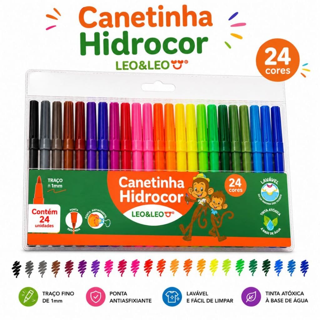 Kit Canetinha Hidrográfica LeoLeo 24 Cores Ponta Fina 1mm Atóxica