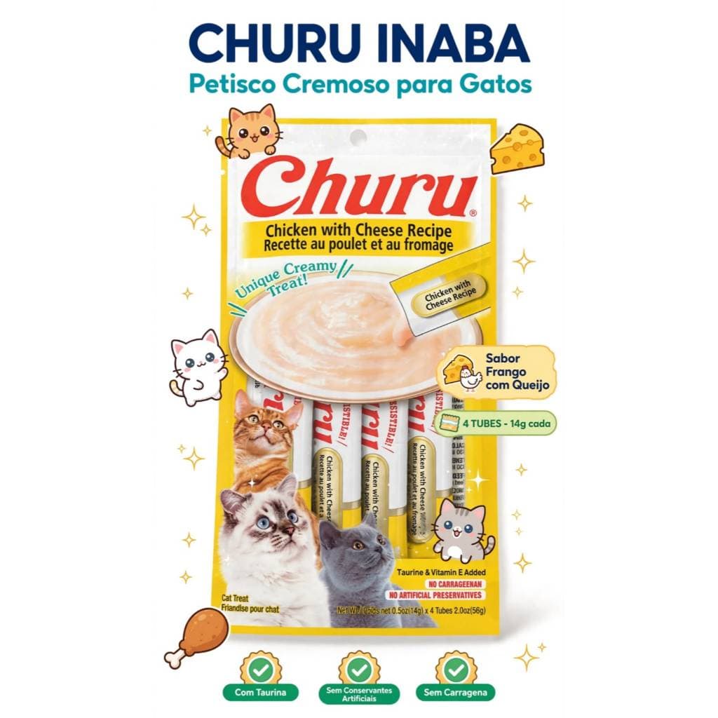 Petisco Para Gatos Churu 56g - Contém 4 Tubets De 14g Cada Unidade -  Atum com Salmão ou Frango com Queijo