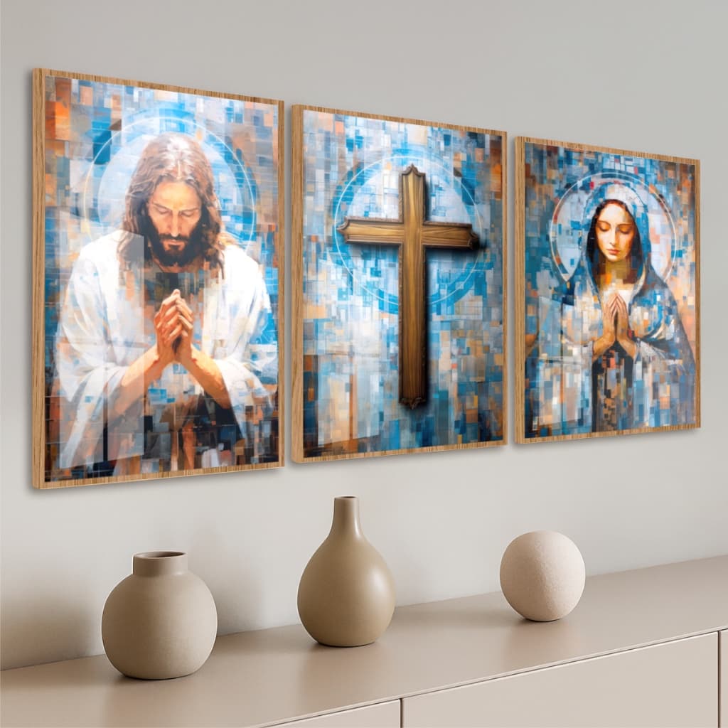 Trio Quadros Decorativos Religiosos Jesus Cristo Em Oração Cruz Sagrada Virgem Maria Arte Abstrata