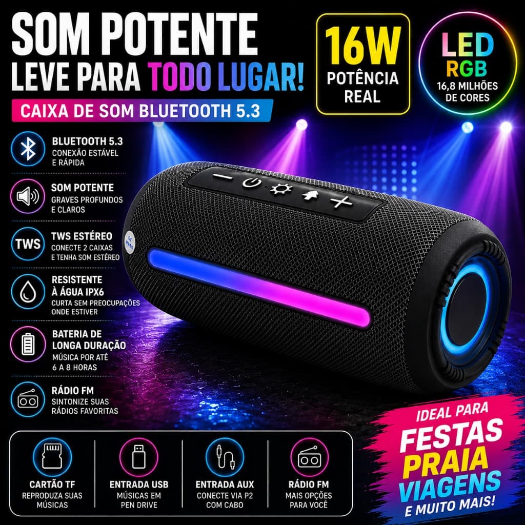 Caixa de Som Bluetooth 5.3 16W Potente LED RGB TWS IPX6 Som Estéreo Rádio FM USB AUX TF Portátil