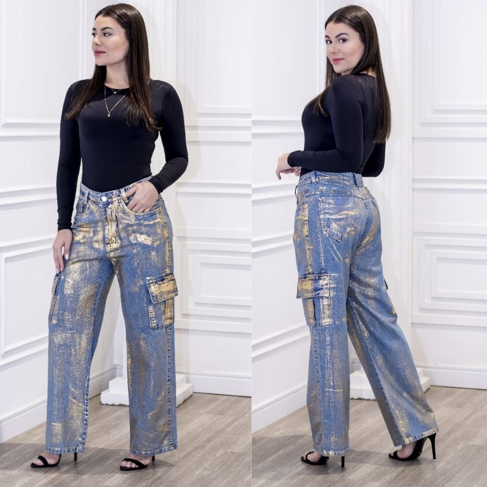 Calça Jeans Cargo Com Foil Dourado, Cintura Alta - Modelo Foil Dourado.
