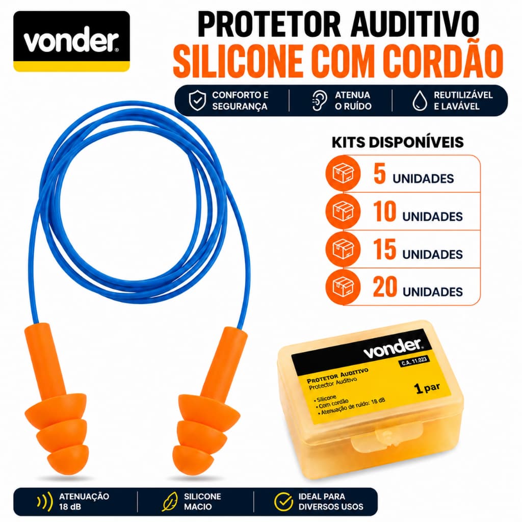 Kit Protetor Auditivo Auricular Ouvido Vonder EPI Silicone PVC Cordão c/ 5, 10, 15, 20 Unidades