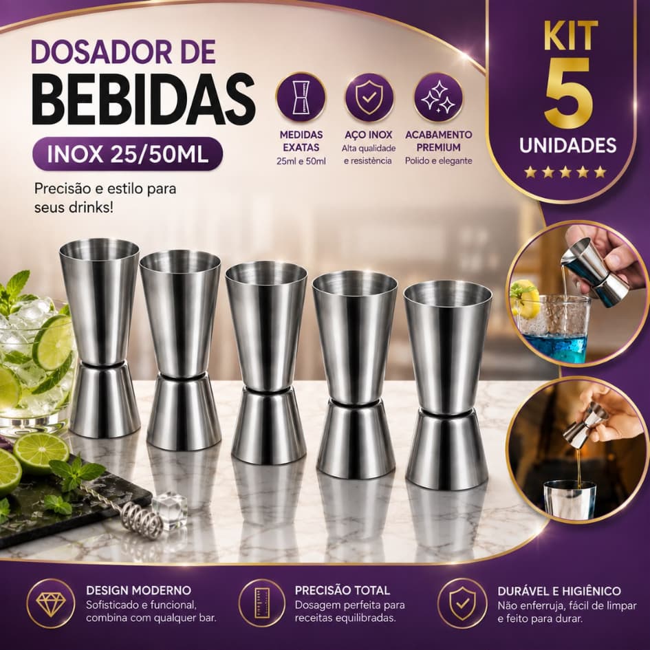 KIT 3 5 10 Medidor Dosador Duplo 25/50ml de Bebidas em Aço Inox Jigger Drinks Coquetéis Bartender Bar