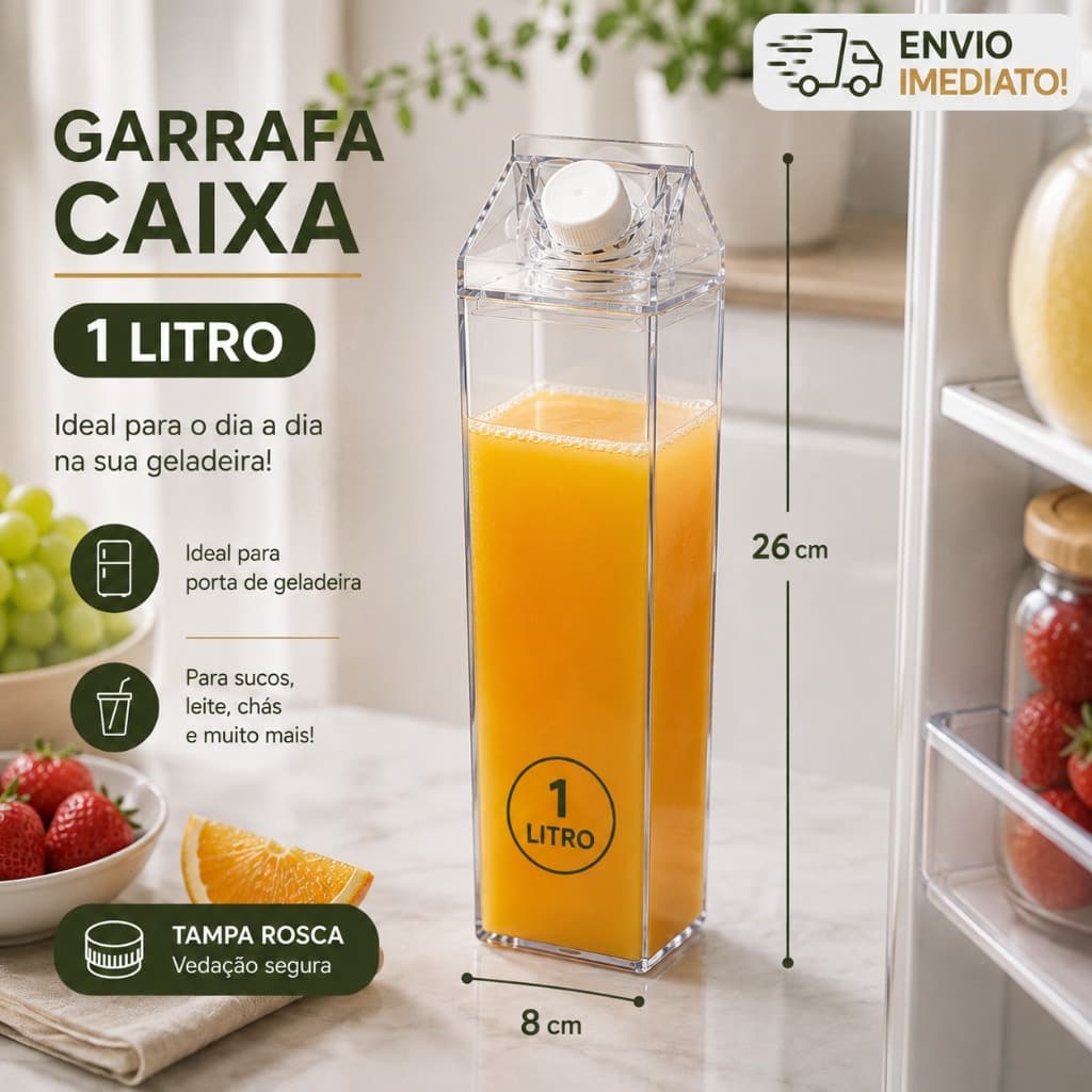 Garrafa Acrílica 1L/500ml com Tampa Rosqueável para Leite Suco Água Porta Geladeira