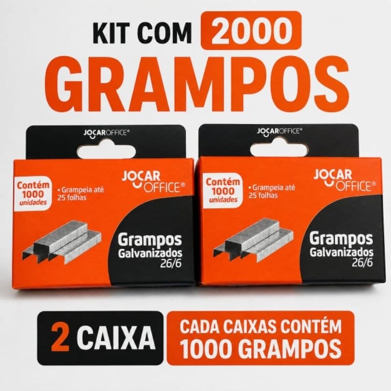 Kit 2000 Grampos Jocar Office 26/6 Galvanizados – 2 Caixas com 1000 Grampos Cada