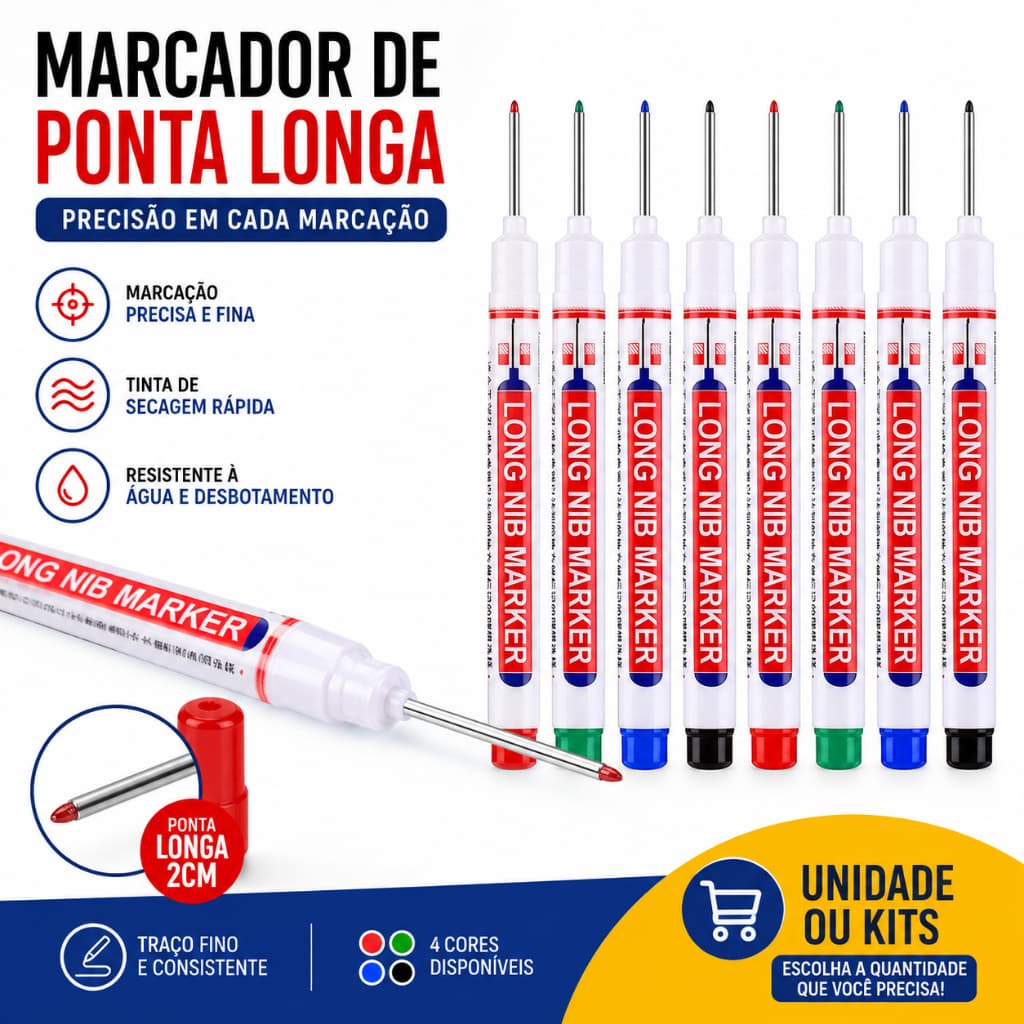 Caneta Marcador Permanente de Ponta Longa À Prova D'água 1mm - Multiuso / Carpinteiro/ Pedreiro/ Marceneiro