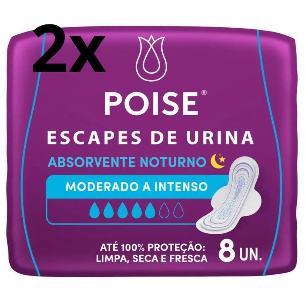 Kit 2 pacotes Absorvente para Escapes de Urina Poise Noturno Absorção Moderada a Intensa 8 un cada pacote