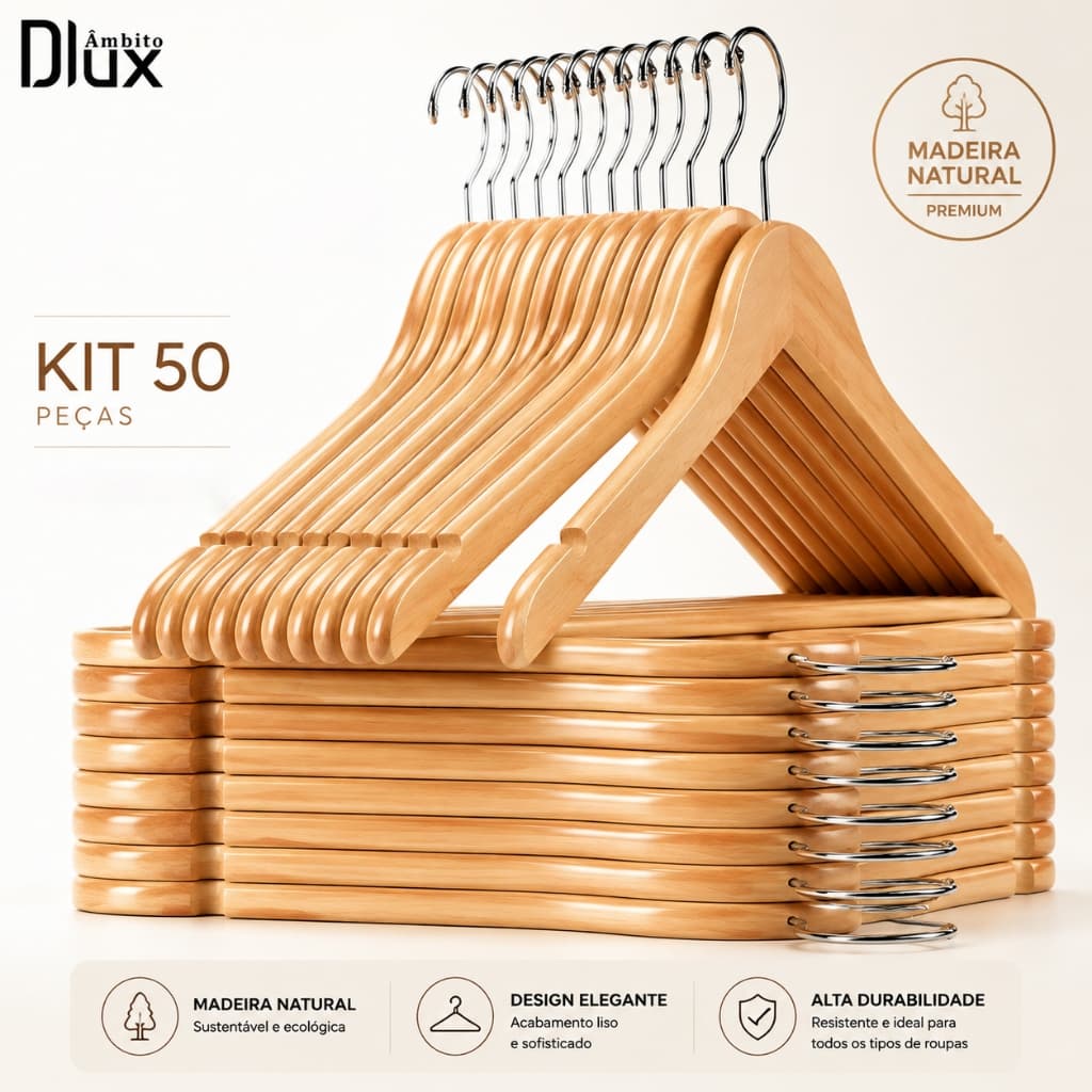 Ambito Dlux Kit 50 Cabides De Madeira Cabide Resistente Com Gancho Cromado Para Closet E Guarda Roupa