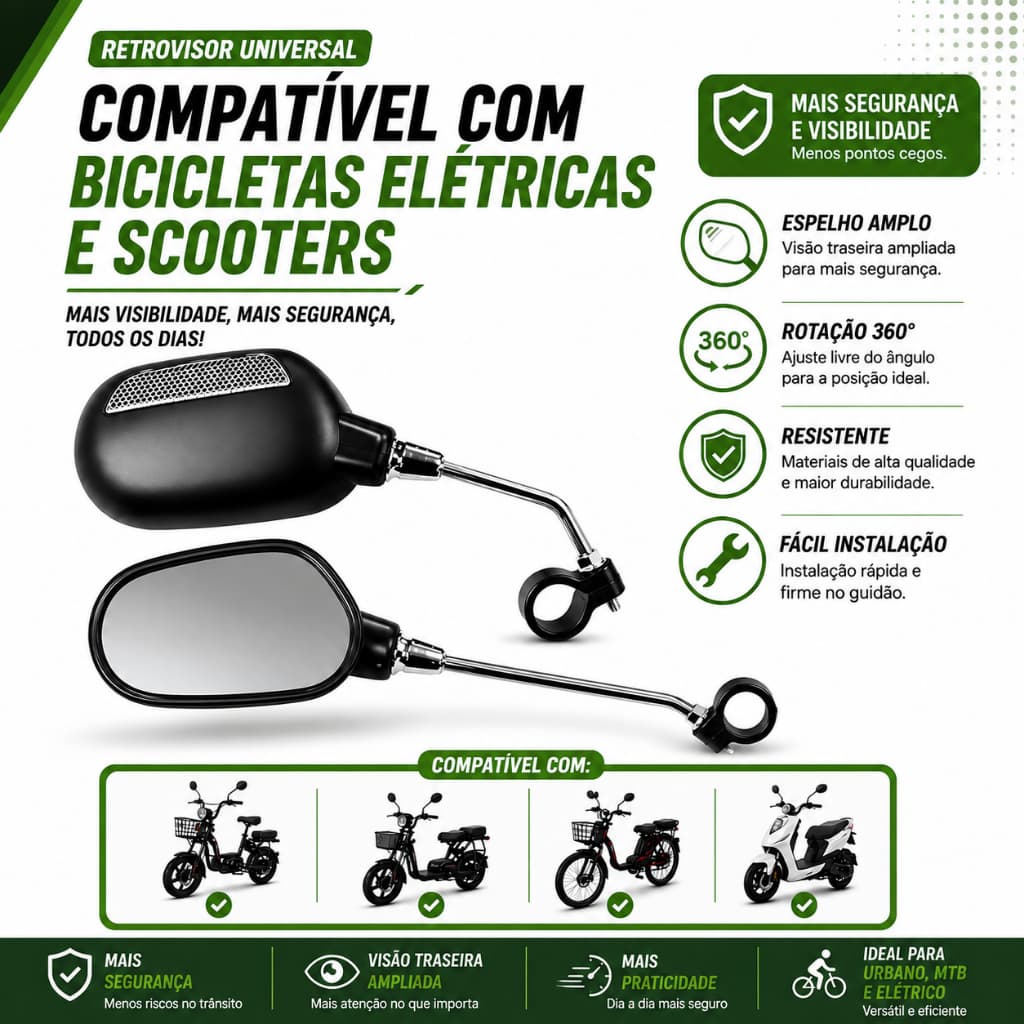 Retrovisor Bicicleta Elétrica Par Espelho Universal Instalação Fácil Giratório