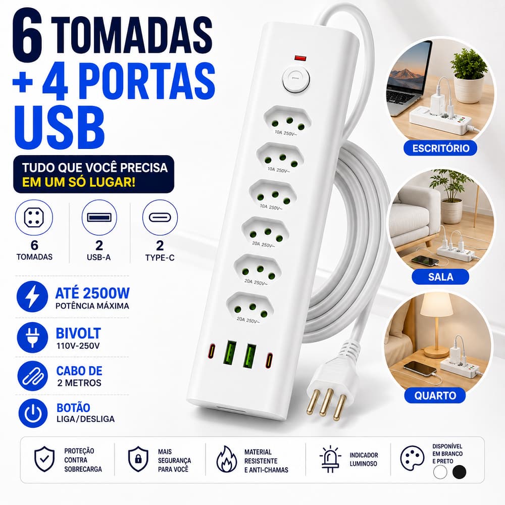 Régua Extensão 6 Tomadas 2500W Cabo 2m Bivolt 110V-250V 2 USB 2 Tipo C Filtro de Linha Branco e Preto Escritório