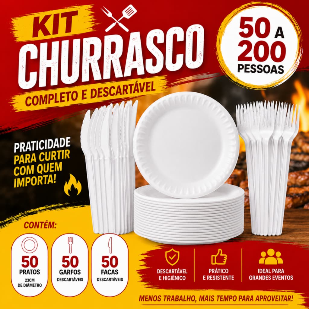 Kit Churrasco Descartável 50 a 200 Pessoas Pratos Isopor Garfos e Facas