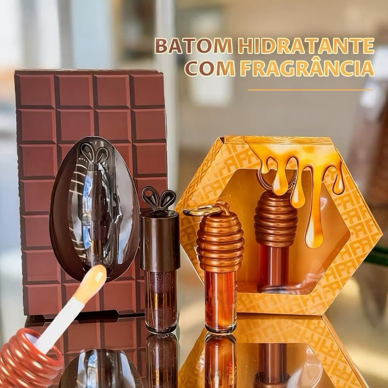 Kit 2 Gloss Labial Lip Honey Hidratante Sabor Mel e Chocolate, Brilho Labial Não Pegajoso, Cuidado com os Lábios