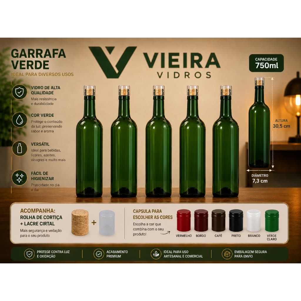 KIT 12UN Garrafa de Vidro 750ml VERDE/ROLHA/CÁPSULAS para VINHOS,LICORES E KOMBUCHAS.