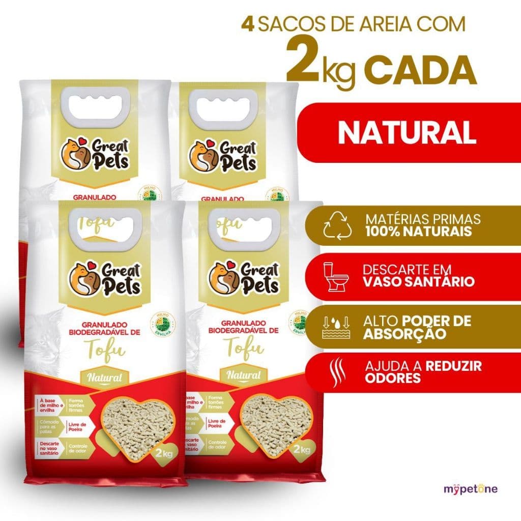 Areia Gatos Tofu 2kg Granulado Biodegradável Higiênico Natural Great Pets