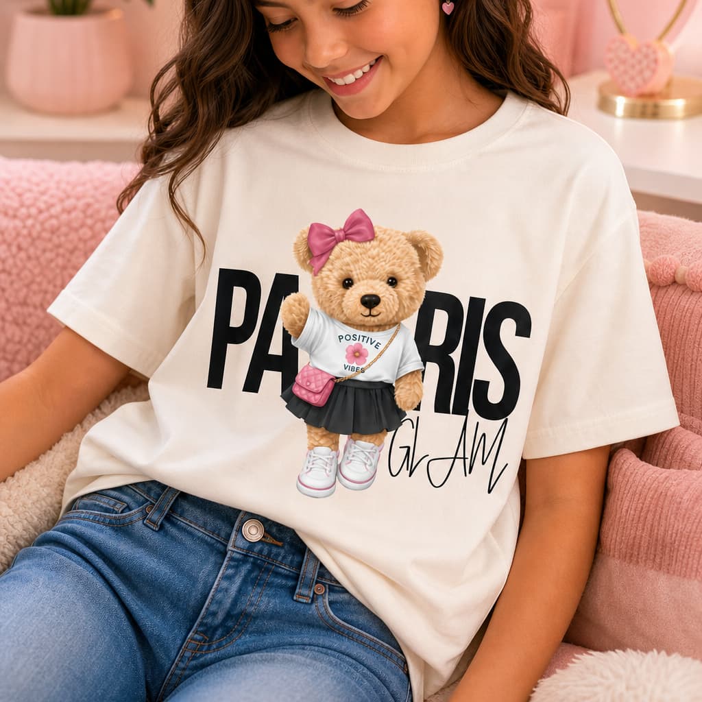 Camiseta Infantil Lisa Menina Paris Urso Algodão Básica Manga Curta Feminino Premium Ursinho