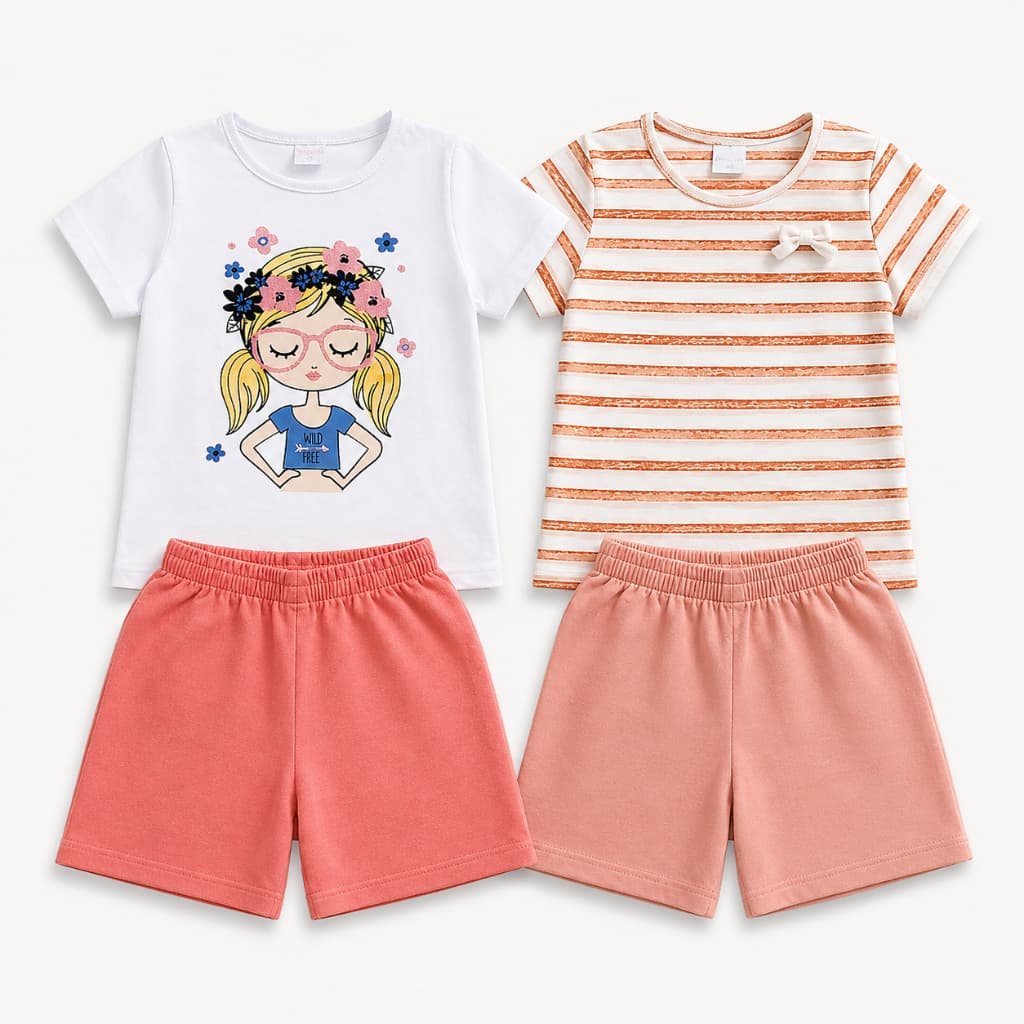 Kit 4 Peças Conjunto Infantil Menina Verão Blusa Shorts Sortido Algodão Macio