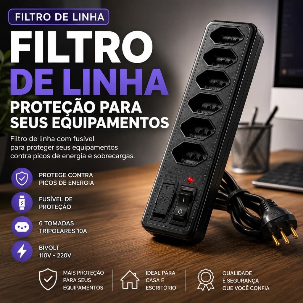 Filtro de Linha 3 4 5 6 Tomadas - 10A Tripolar com Liga/Desliga