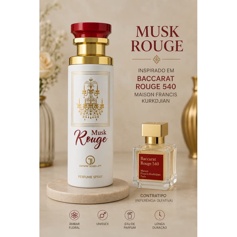 Perfume Spray Musk Rouge Grandeur Eau de Parfum 200ml Unissex Inspirado no Baccarat Rouge 540