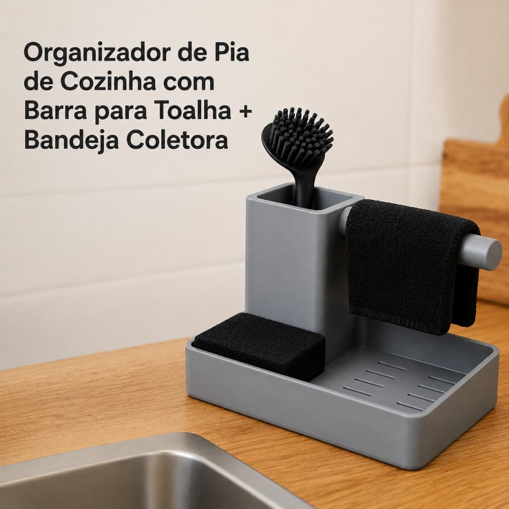 Organizador Armazenamento de Pia de Cozinha Escorredor Balcão Multiuso Porta Esponja + Barra para Toalha Bandeja Coleto