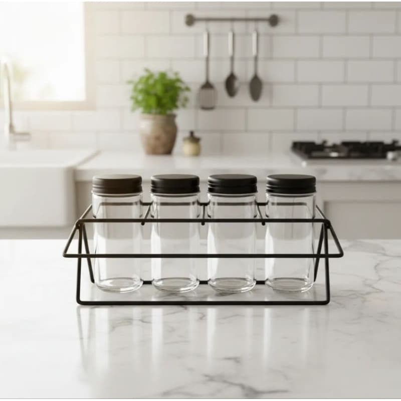 Kit Porta Temperos de vidro 4 Potes com Suporte Inox – Porta Condimentos para Cozinha e Organização
