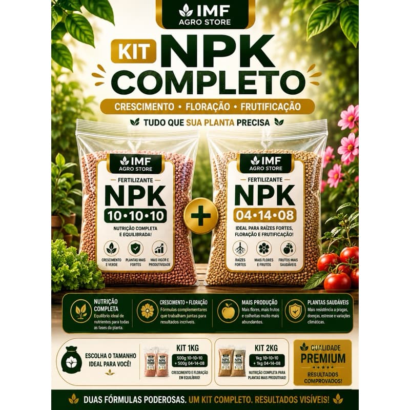 Kit Adubo Fertilizante NPK 10-10-10 + 04-14-08 Crescimento Floração Frutificação Plantas 1kg 2kg 4kg