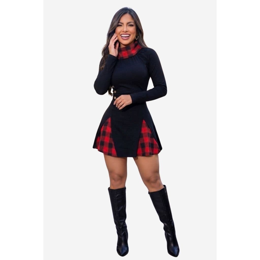 Vestido Curto Feminino Moletinho Manga Longa Gola Xadrez Luxo Inverno