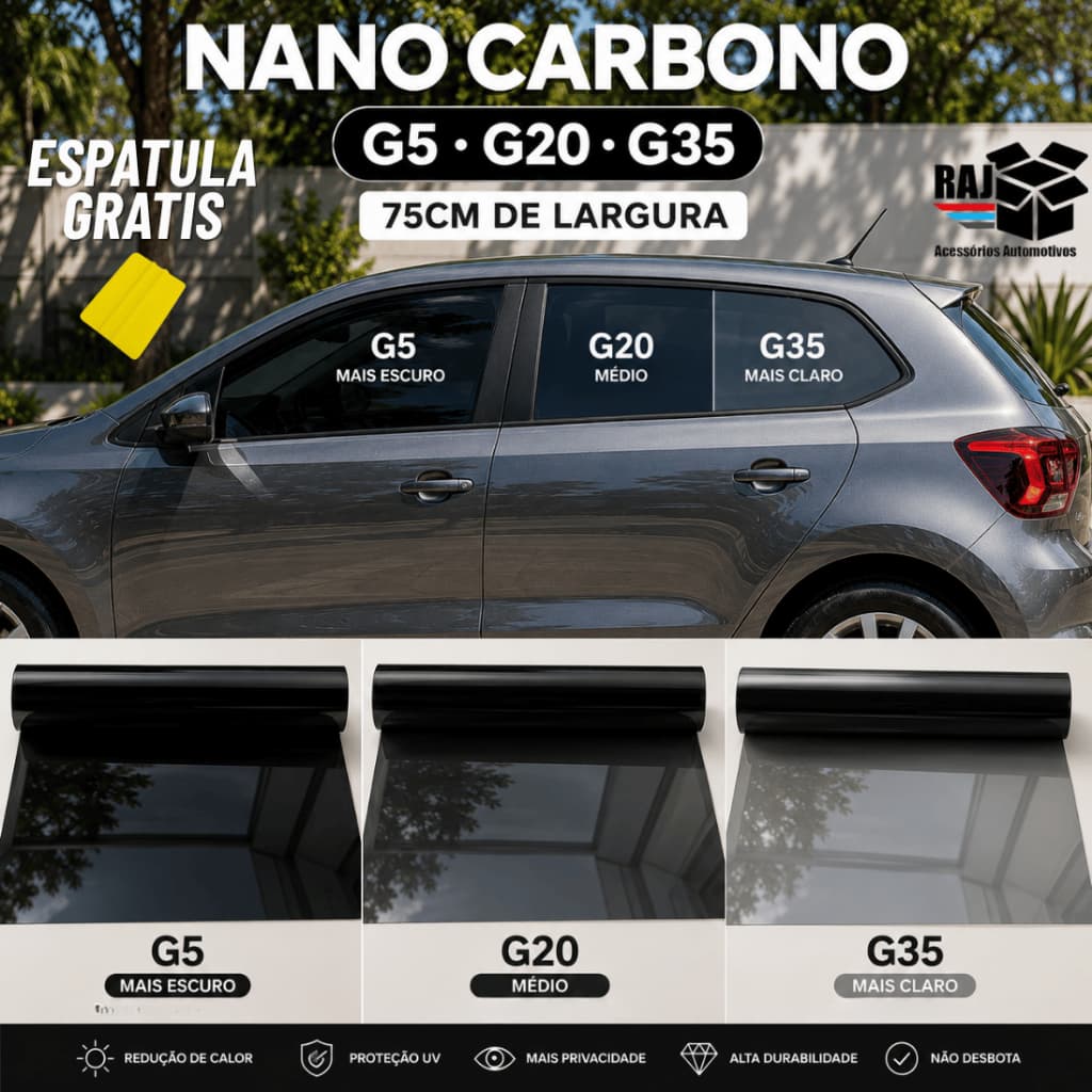 Película  Tipo Insulfilm Nano Carbono Profissional -  G5, G20, G35 - 10m x 75cm – Automotiva/Residencial