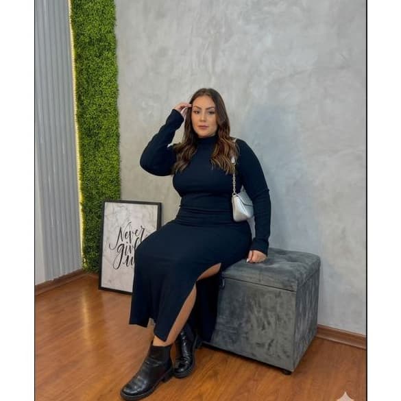 Vestido Longo com Fenda Gola Alta Ajustado Tubinho Feminino pra Festa Culto Jantar Romântico Eventos
