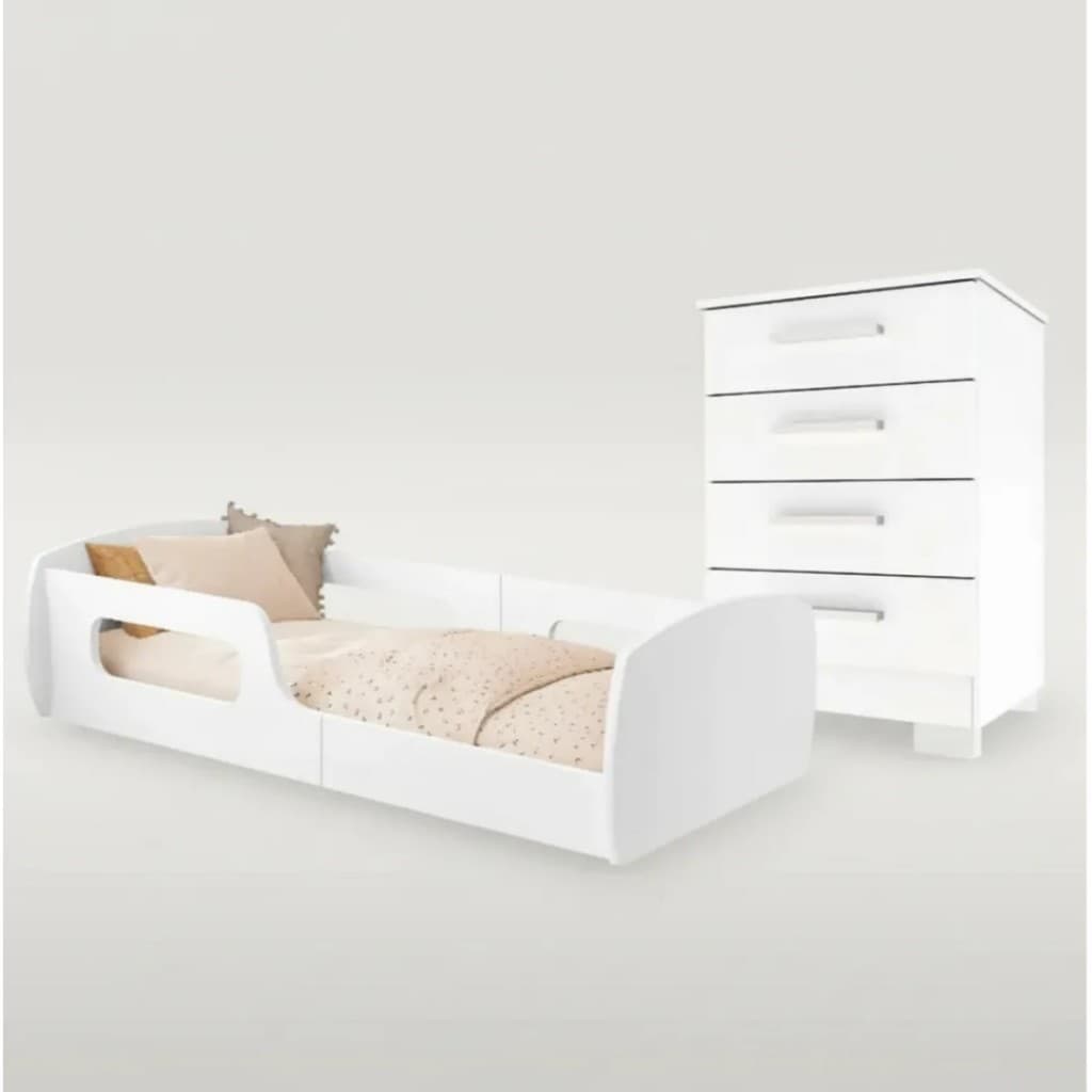 Jogo de Quarto Cama Montessoriana Infantil com Cômoda Pequena Branca