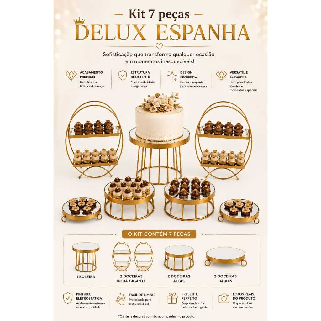 KIT DELUX ESPANHA 7 PEÇAS BOLEIRA, DOCEIRA, RODA GIGANTE DECORAÇÃO DE FESTAS