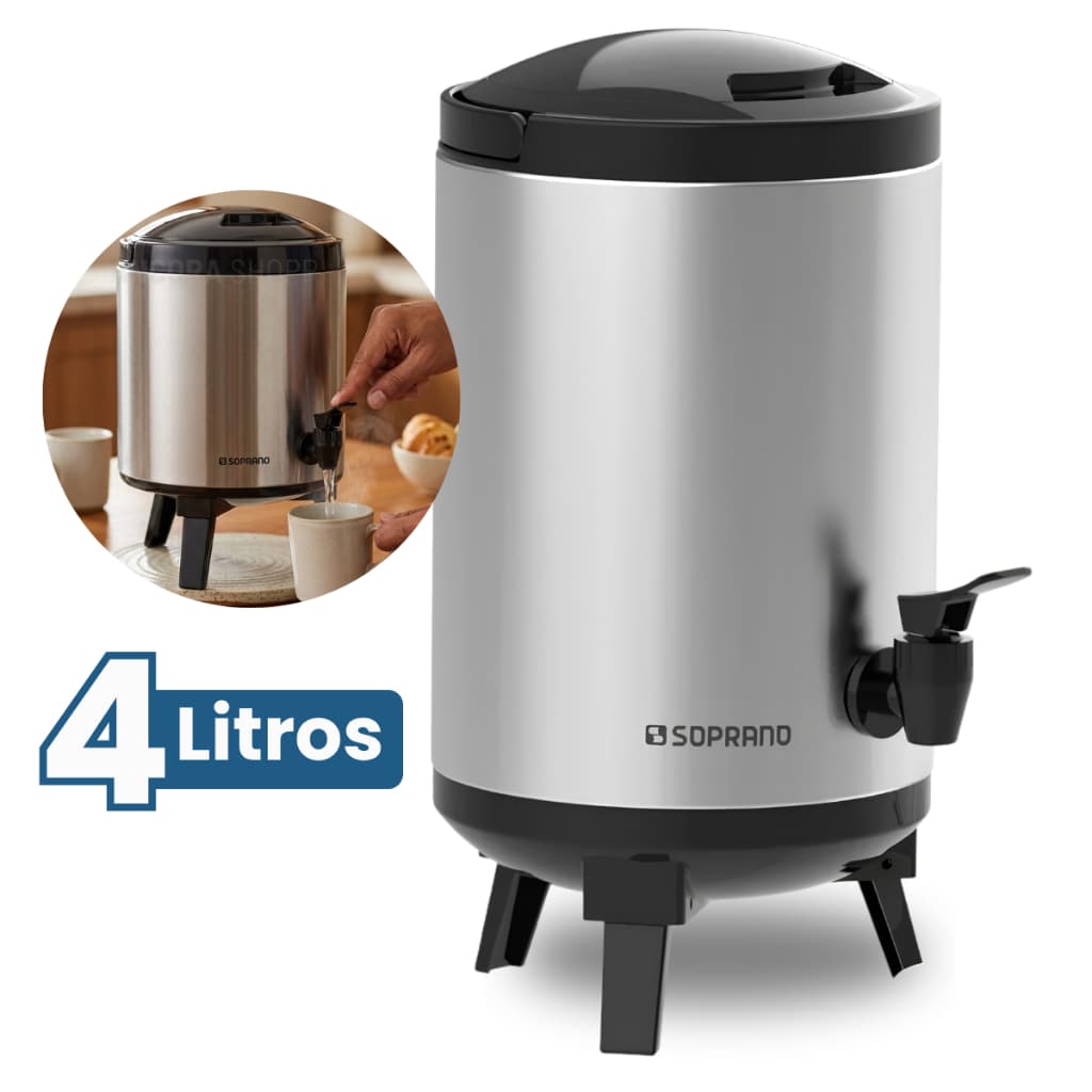 Garrafa Térmica 4 Litros Cooler Térmico de Inox Botijão com Pé Grande e Alça de Transporte Soprano