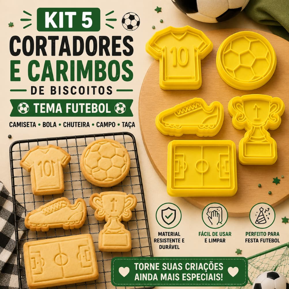 Kit 5 Cortadores e Carimbos de Biscoitos Tema Futebol | Camiseta, Bola, Chuteira, Campo e Taça Confeitaria