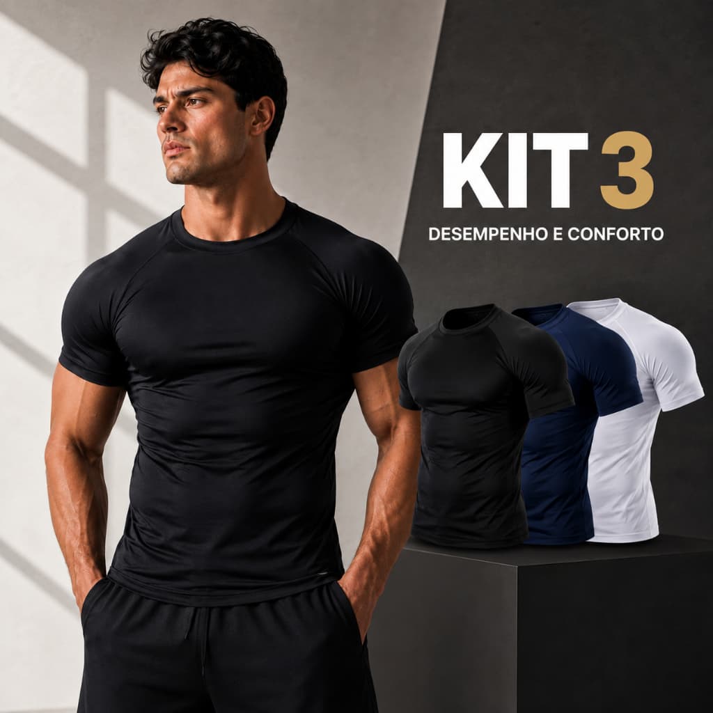 Kit 3 Camisas Compressão Masculina Rash Guard Manga Longa UV50+ Academia Treino Fitness Secagem