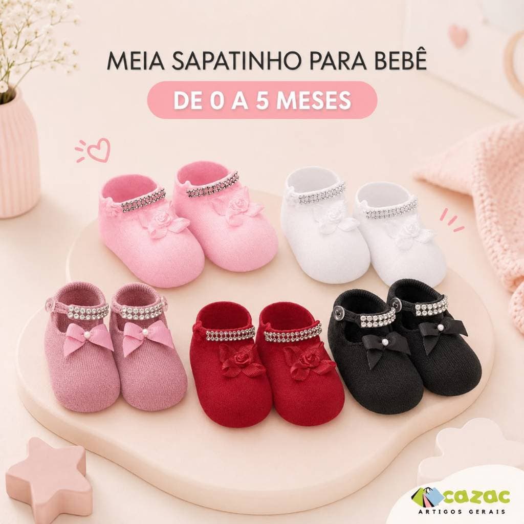 Meia Sapatilha Sapatinho Bebê Recém Nascido Strass  RN 0 a 5 Meses