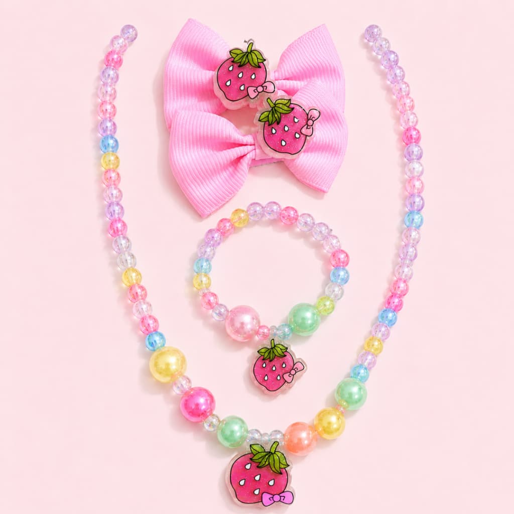 Kit Infantil Presente Menina Moranguinho – Colar, Pulseira e 2 Laços de Cabelo