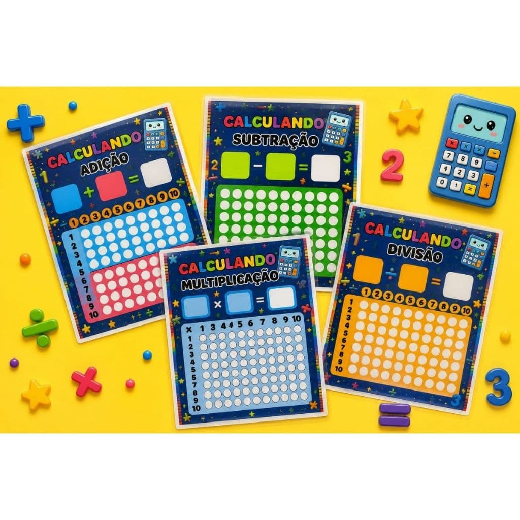 Kit 4 Pranchas Matemática | Adição, Subtração, Multiplicação e Divisão | Pedagógico Platificado TEA e TDAH + Brinde