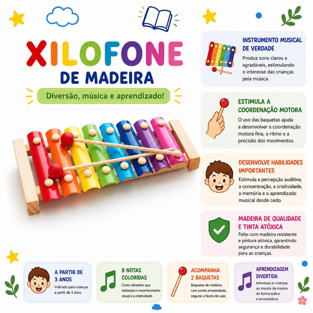 Xilofone Infantil Musical 8 Notas com 2 Baquetas | Brinquedo Educativo Aprenda Brincando | DM Toys | 4+ Anos