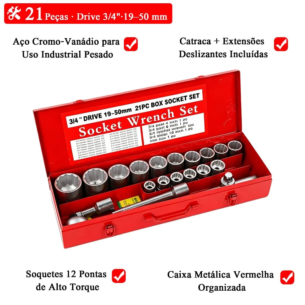 Jogo de Soquetes 21 Peças 3/4" 21–50mm Aço Cromo-Vanádio com Catraca e Extensões