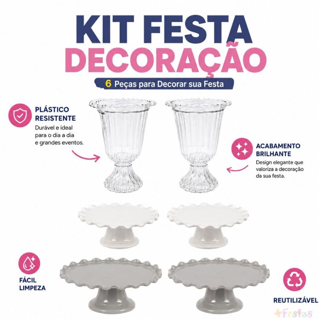 Kit Festa 6 Peças Decoração Mesa Bolo Doce 2 Vasos Grego + 2 Mini suporte Doces + 2 Boleiras