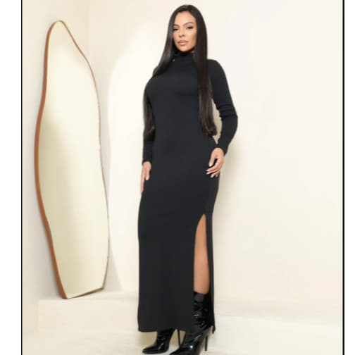 Vestido Longo Feminino Canelado Ajustado ao Corpo Gola Alta para Eventos Passeios e Encontros
