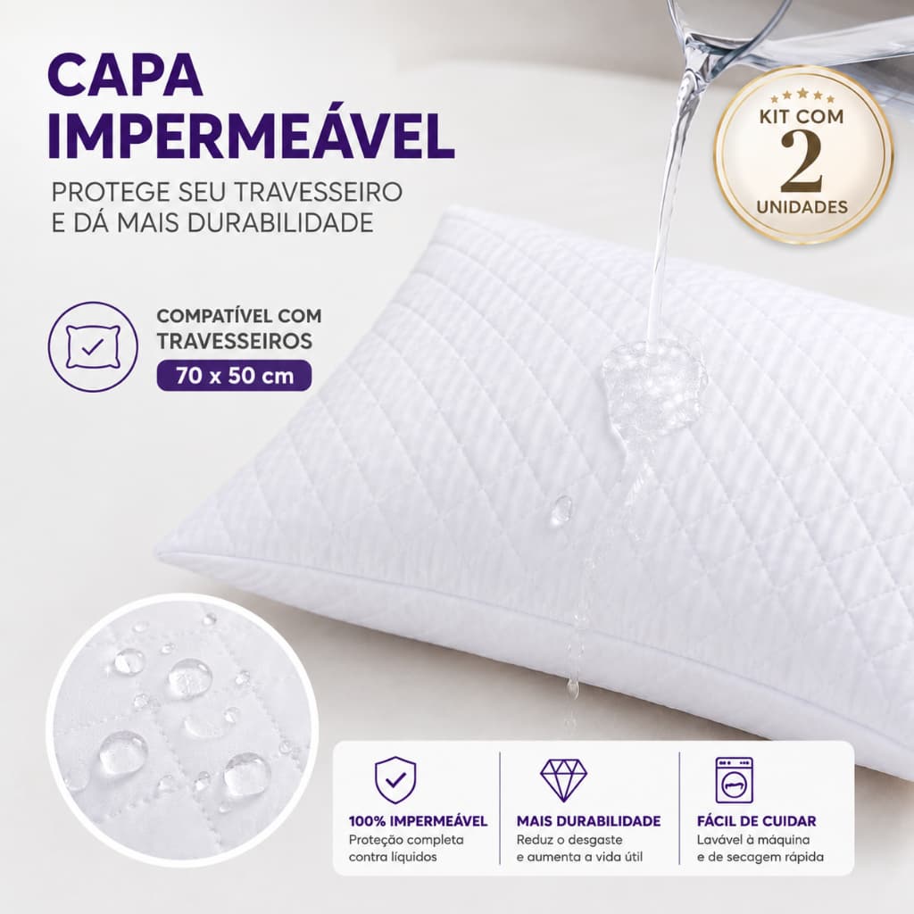 Kit 2 Capa Travesseiro Fronha Matelada Impermeável com Zíper 70x50 Antiácaro e Antialérgico Promoção