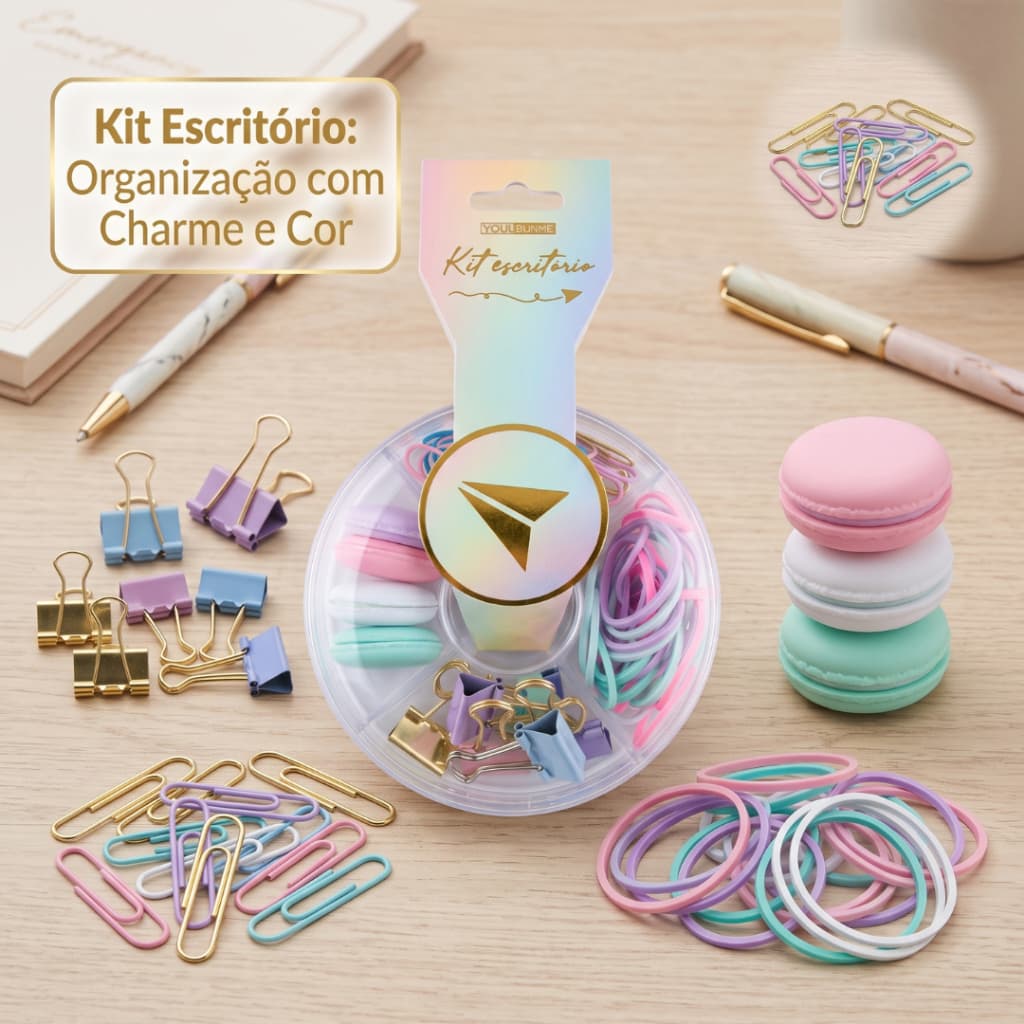 Conjunto Kit Para Escritório Fofo Candy Color Clips Prendedor Binder Elastico e Imã Cores Pasteis Fofo Material Escolar