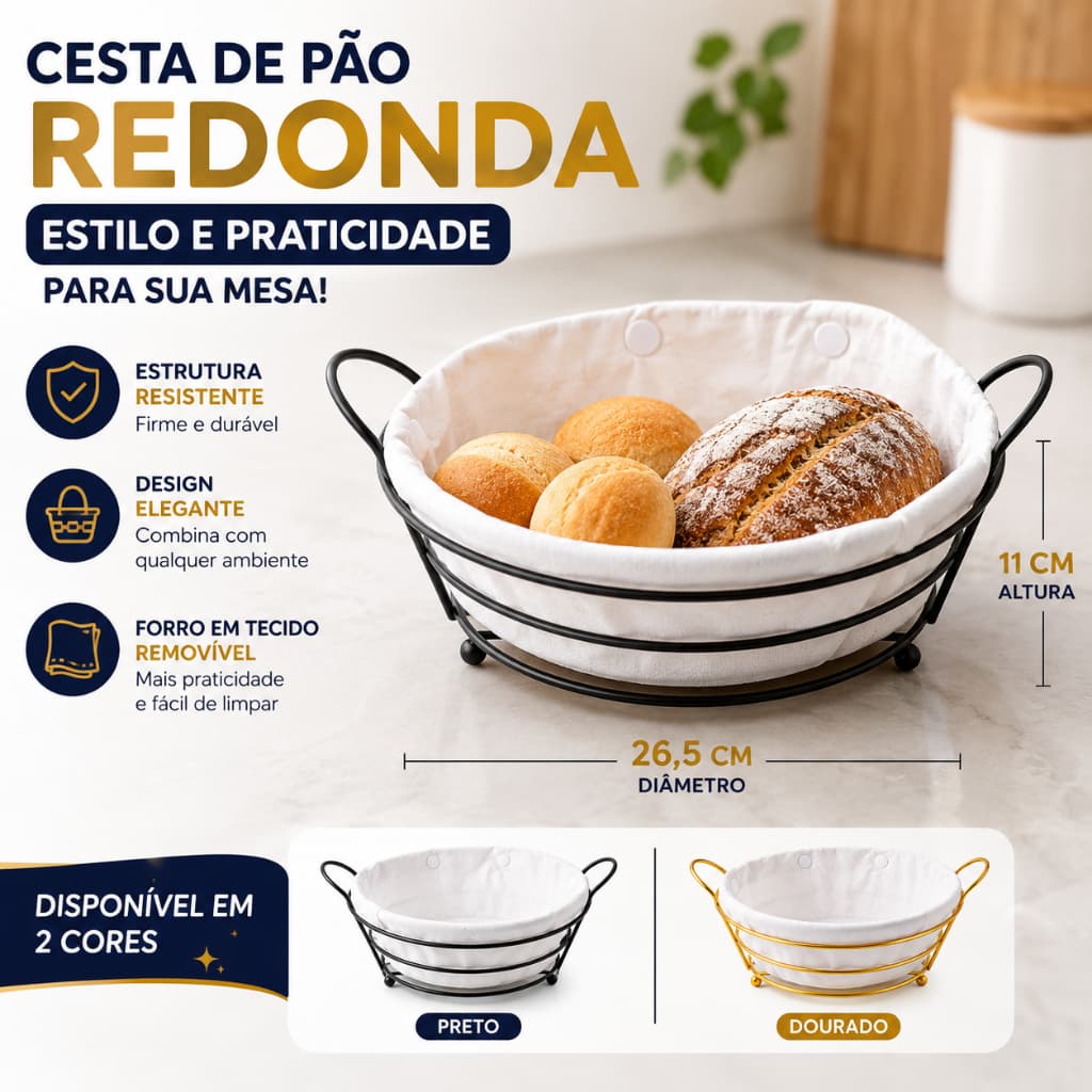 Cesto Porta Pão Preto Com Forro De Tecido Elegância